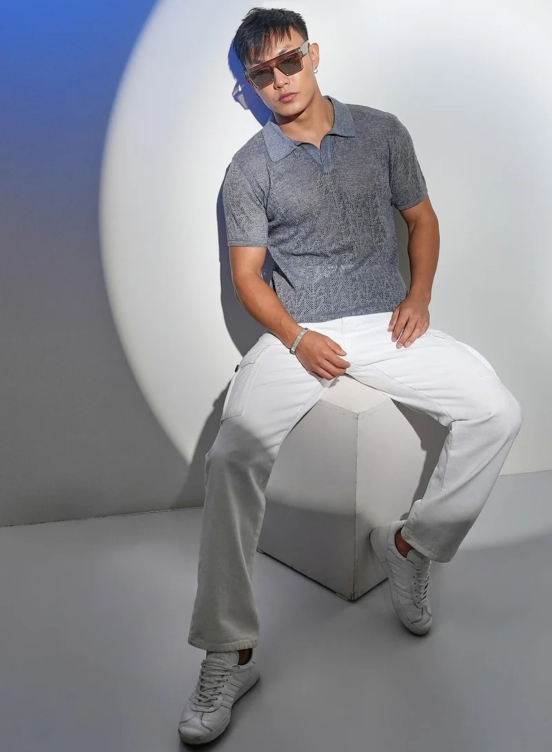 Campus Sutra Men's Ash Grey Abstract-Textured Polo T-Shirt