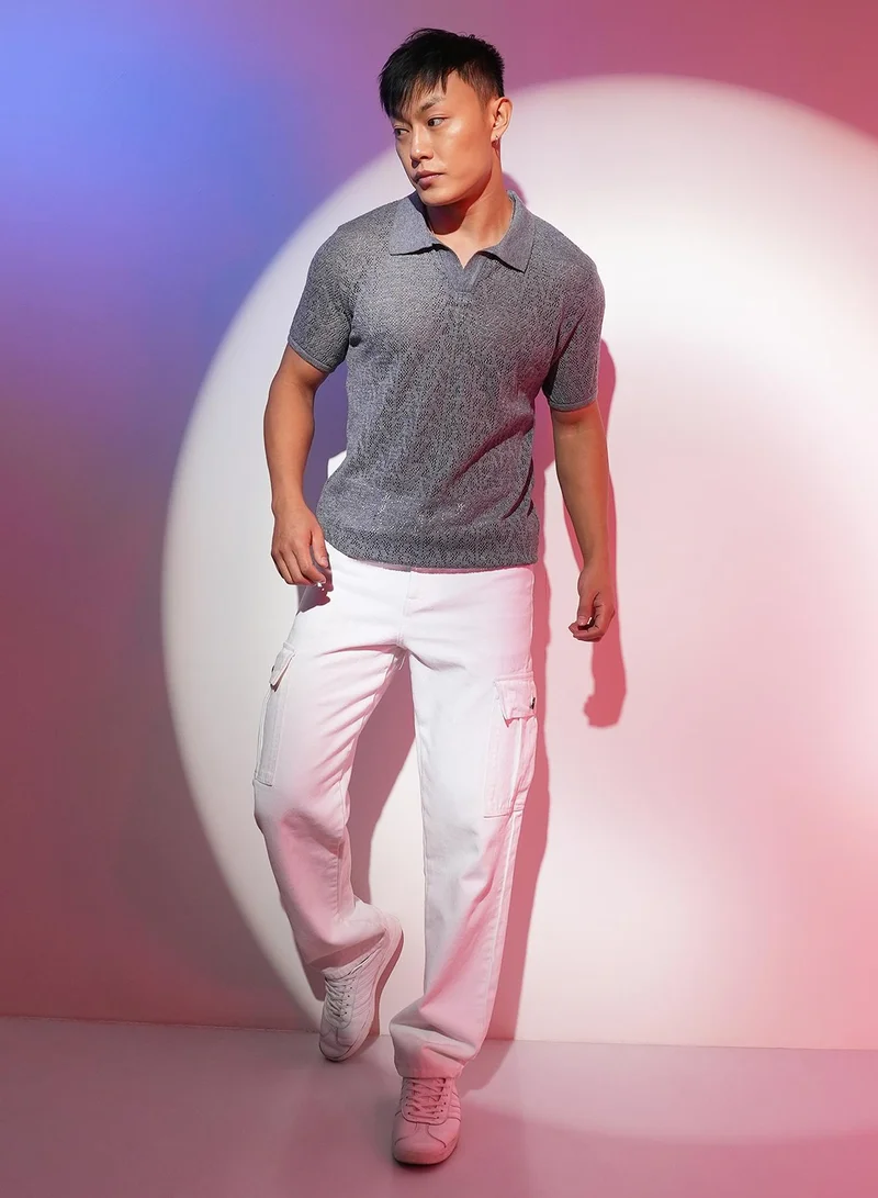 Campus Sutra Men's Ash Grey Abstract-Textured Polo T-Shirt