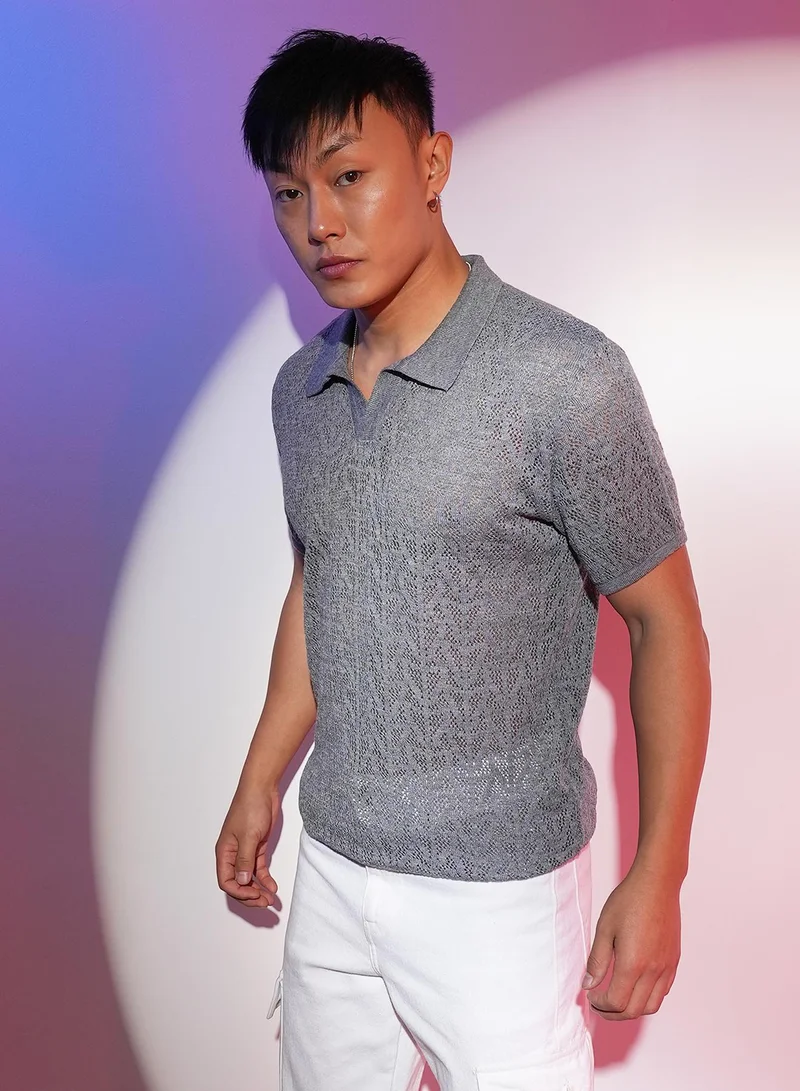 Campus Sutra Men's Ash Grey Abstract-Textured Polo T-Shirt