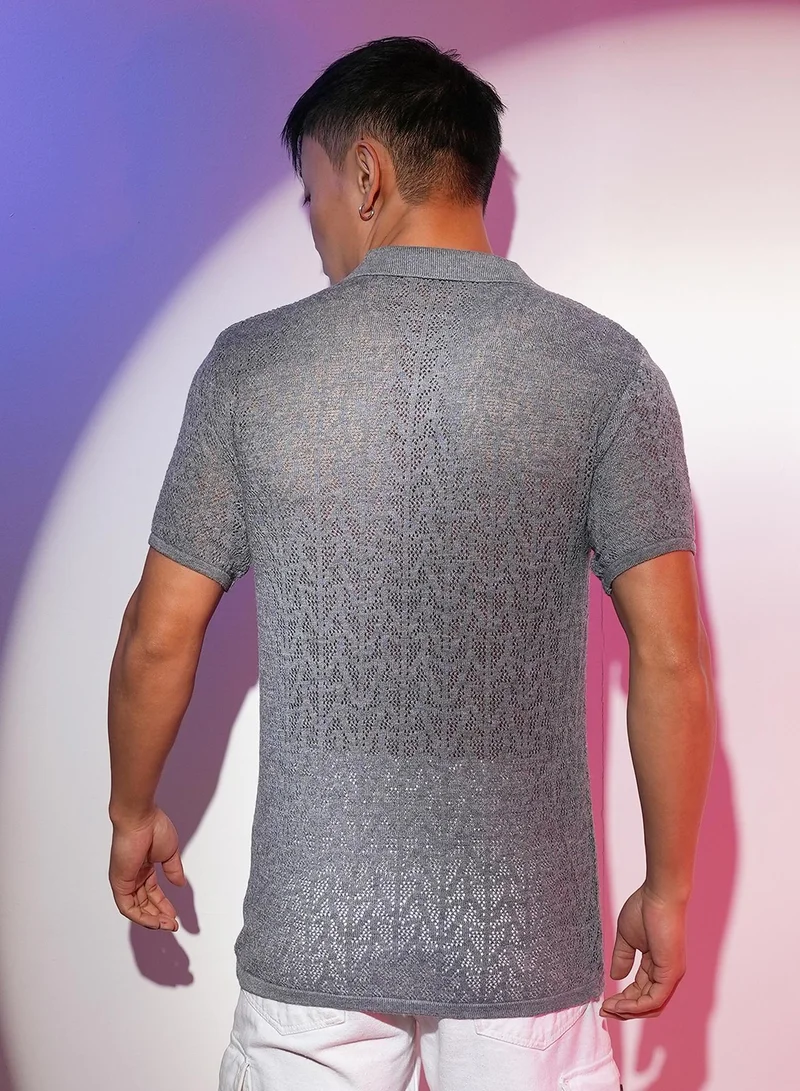 Campus Sutra Men's Ash Grey Abstract-Textured Polo T-Shirt