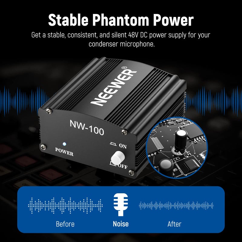 Neewer 1-Channel 48V Phantom Power Supply with Adapter, BONUS+XLR 3 Pin Microphone Cable for Any Condenser Microphone Music Recording Equipment (8 feet) - Image 5