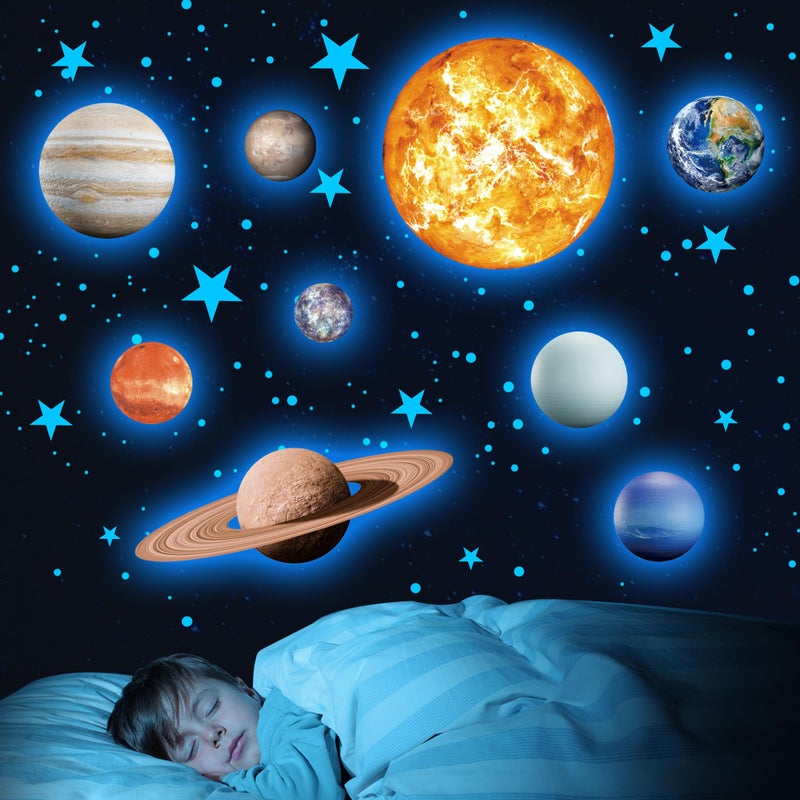 Glow in The Dark Stars Solar System Wall Stickers Sun and 8 Major Planets Wall Decals for Bedroom Baby Nursery Decoration for Ceiling Blue