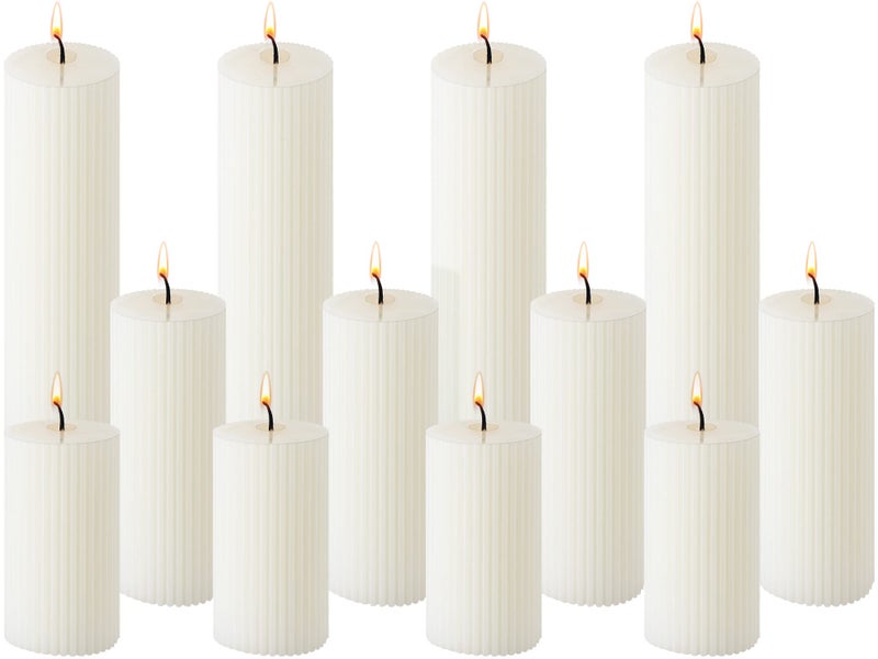 Mtlee Set of 12 Ribbed Pillar Candles Soy Wax Home Decor Modern White Candles with Cotton Wick for Wedding Home Restaurants Spa Church Decoration