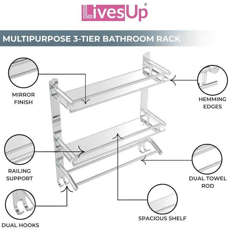 LivesUp Multipurpose Stainless Steel Double Layer Shelf with Towel Rod I Multipurpose Wall Mount Bath Shelf Organizer l Bathroom Shelf and Rack I Bathroom Accessories - Chrome Finish, Silver - Image 4
