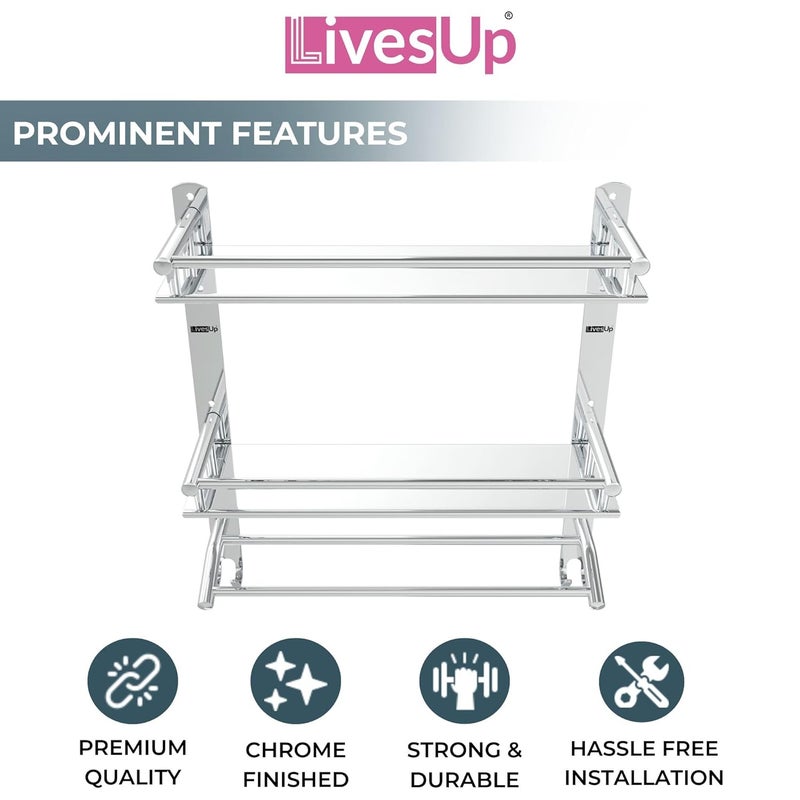 LivesUp Multipurpose Stainless Steel Double Layer Shelf with Towel Rod I Multipurpose Wall Mount Bath Shelf Organizer l Bathroom Shelf and Rack I Bathroom Accessories - Chrome Finish, Silver - Image 3