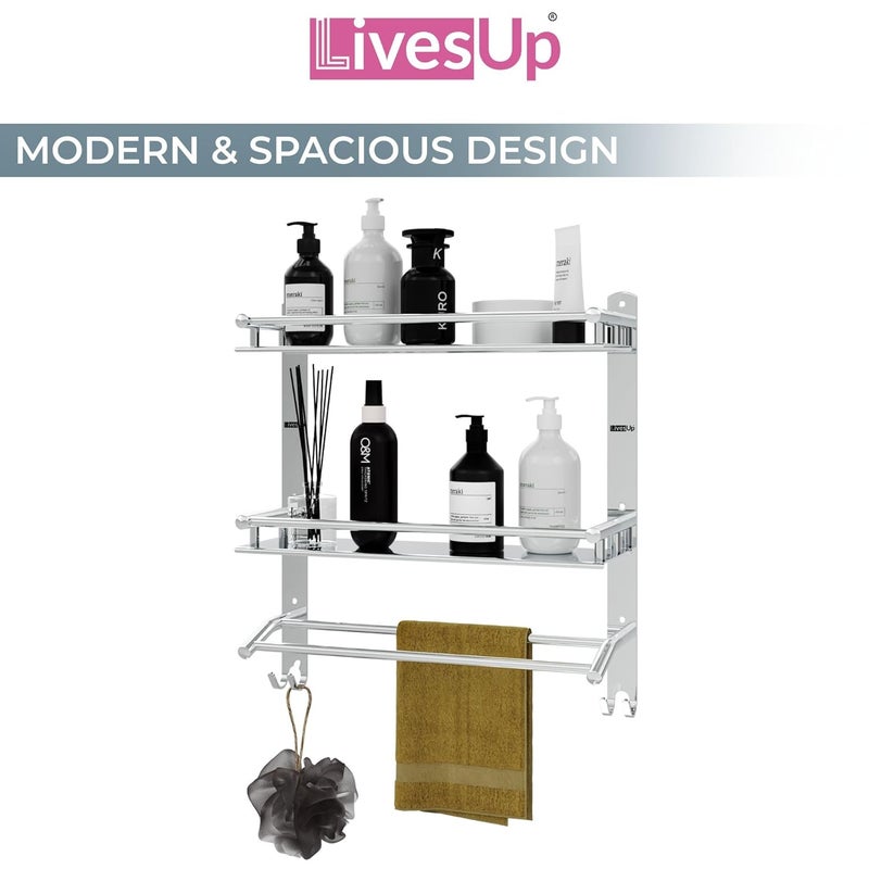 LivesUp Multipurpose Stainless Steel Double Layer Shelf with Towel Rod I Multipurpose Wall Mount Bath Shelf Organizer l Bathroom Shelf and Rack I Bathroom Accessories - Chrome Finish, Silver - Image 5