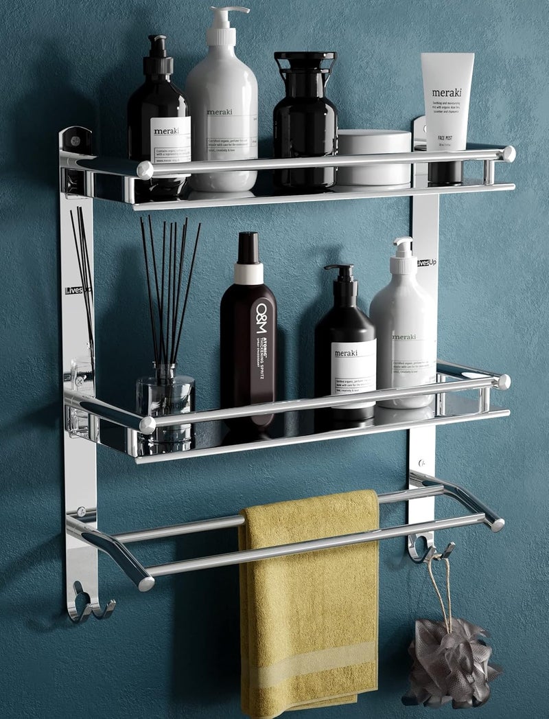 LivesUp Multipurpose Stainless Steel Double Layer Shelf with Towel Rod I Multipurpose Wall Mount Bath Shelf Organizer l Bathroom Shelf and Rack I Bathroom Accessories - Chrome Finish, Silver - Image 1