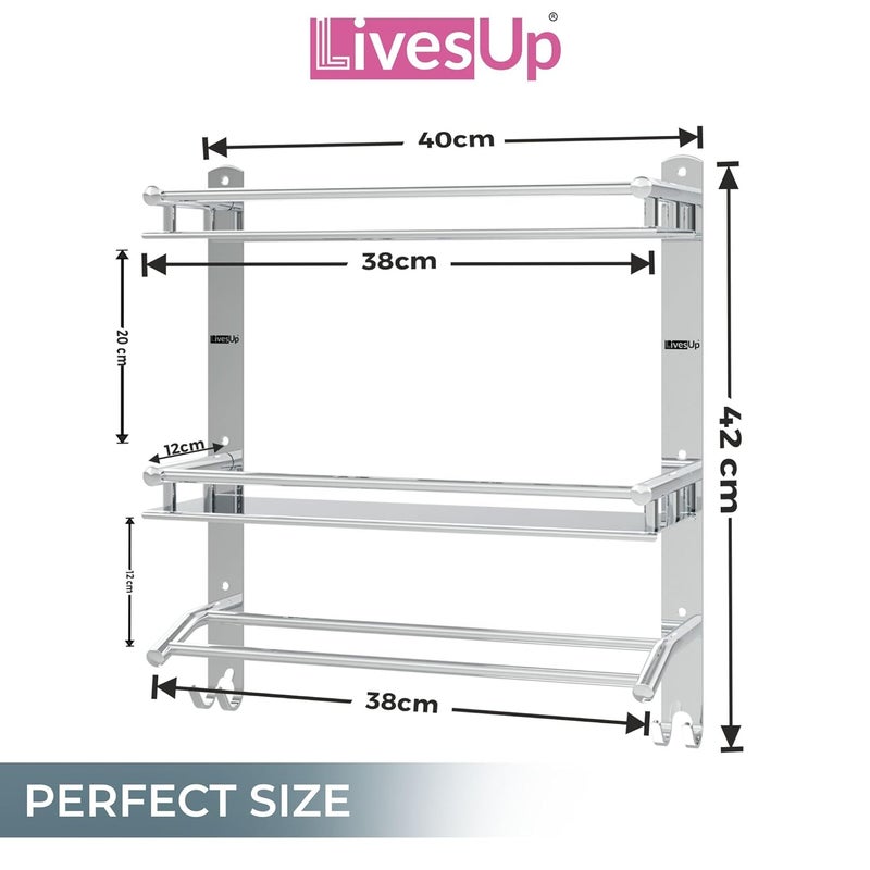 LivesUp Multipurpose Stainless Steel Double Layer Shelf with Towel Rod I Multipurpose Wall Mount Bath Shelf Organizer l Bathroom Shelf and Rack I Bathroom Accessories - Chrome Finish, Silver - Image 2