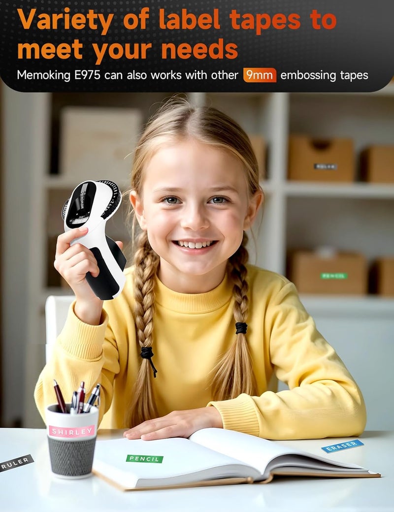 Memoking Embossing Label Maker Machine - E975 Embossing Label Maker with 6 Rolls Tapes 3/8"(9mm), 3D Handheld Labelling Machine, Lettering Embossing for Kitchen Home, Office and Child DIY (Black) - Image 4