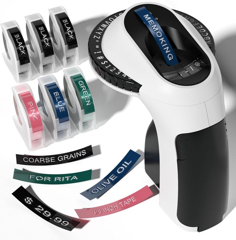 Memoking Embossing Label Maker Machine - E975 Embossing Label Maker with 6 Rolls Tapes 3/8"(9mm), 3D Handheld Labelling Machine, Lettering Embossing for Kitchen Home, Office and Child DIY (Black) - Image 1