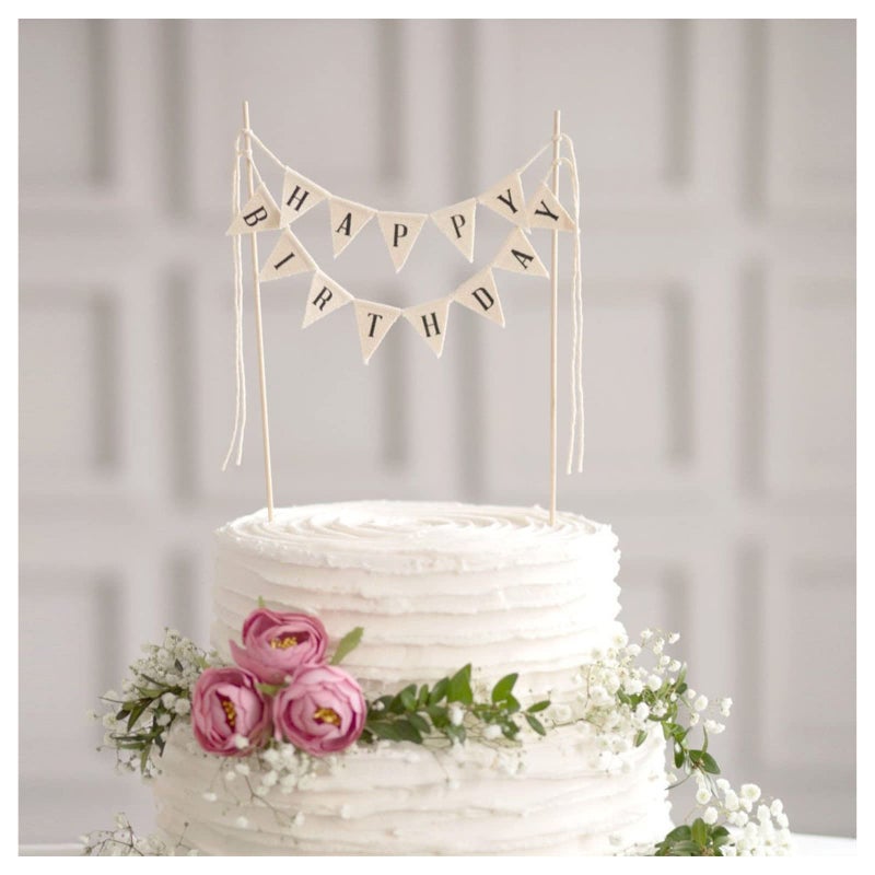 BEAIMUXI Happy Birthday Cake Bunting Topper Cake Topper Garland Handmade Pennant Flags with Wood Pole Ivory Without Pink Rose - Image 2