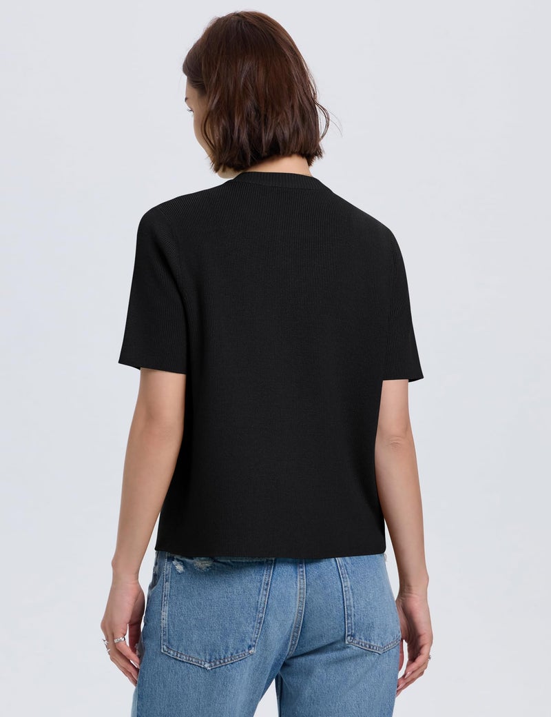 LOMON Womens Spring Summer Short Sleeve Cardigan Sweaters Trendy Crew Neck Button Down Lightweight Knit Outfit Y2k Clothes (Black, M) - Image 4