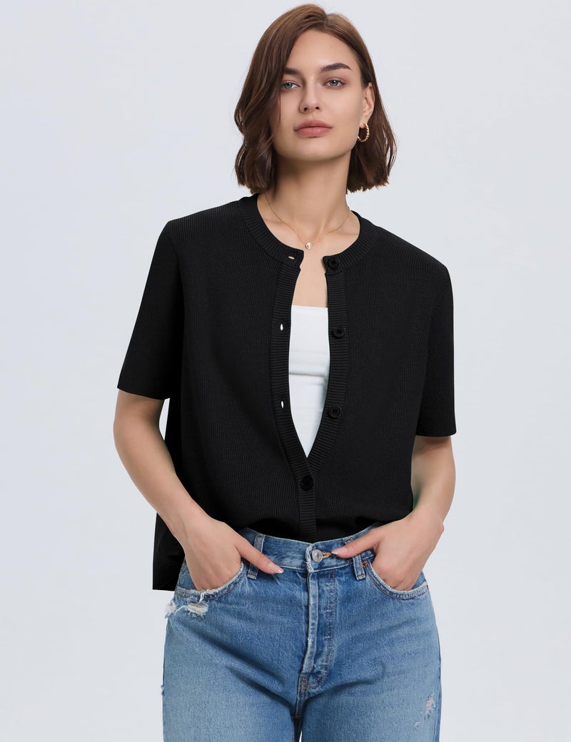 LOMON Womens Spring Summer Short Sleeve Cardigan Sweaters Trendy Crew Neck Button Down Lightweight Knit Outfit Y2k Clothes (Black, M) - Image 3