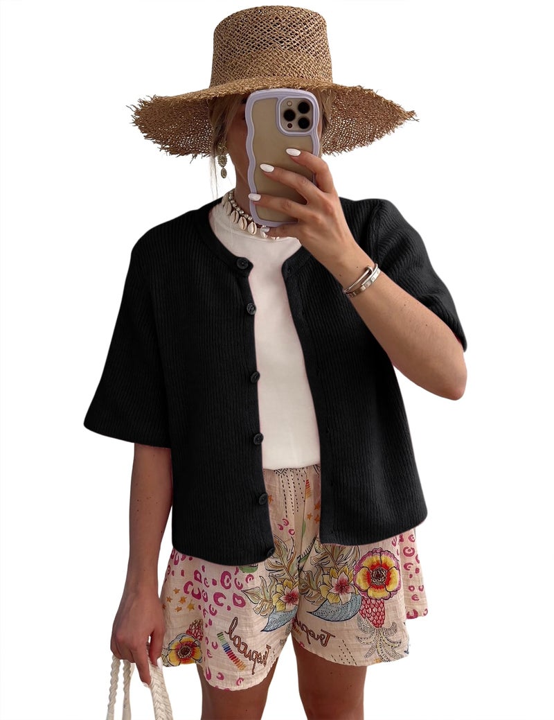 LOMON Womens Spring Summer Short Sleeve Cardigan Sweaters Trendy Crew Neck Button Down Lightweight Knit Outfit Y2k Clothes (Black, M) - Image 2