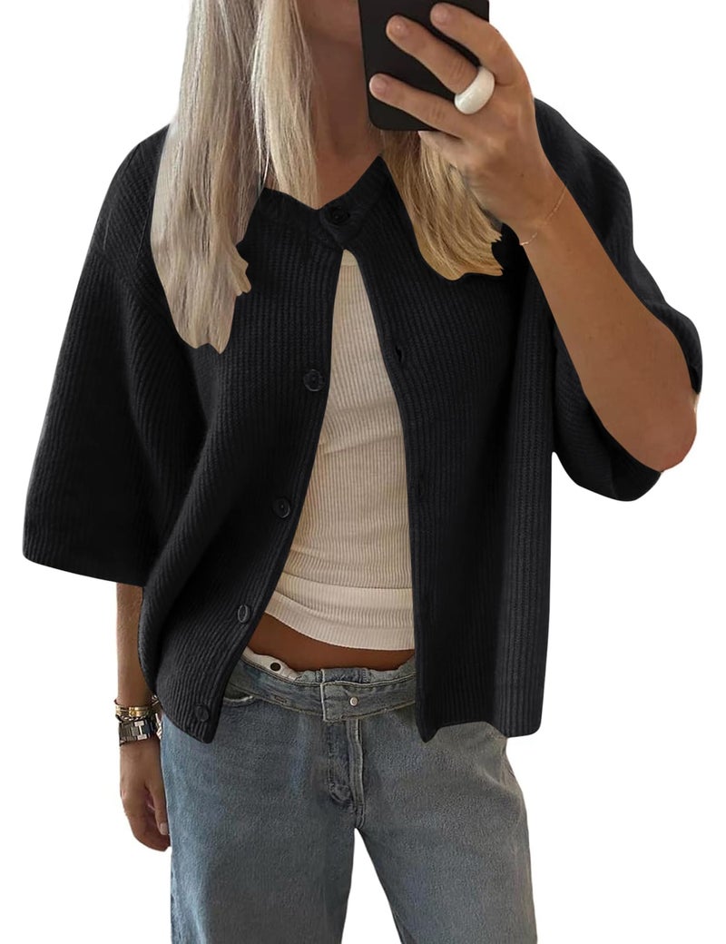 LOMON Womens Spring Summer Short Sleeve Cardigan Sweaters Trendy Crew Neck Button Down Lightweight Knit Outfit Y2k Clothes (Black, M) - Image 1