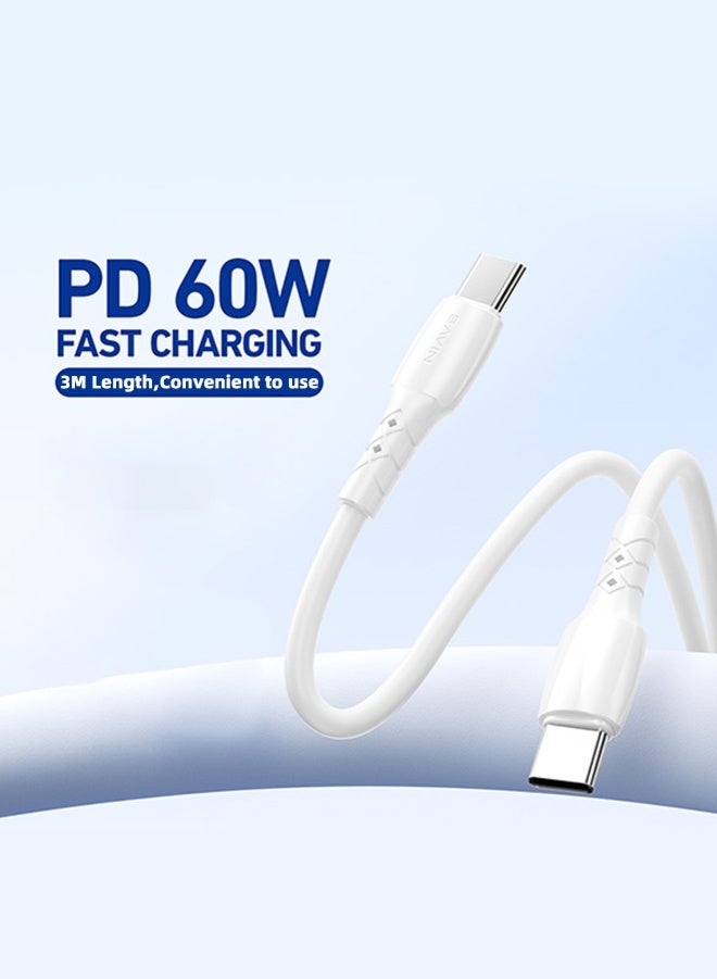 بافين كابل BAVIN USB-C بقدرة 60 واط، كابل USB-C إلى USB-C بطول 3 أمتار، Type-C إلى Type-C، كابل شحن USB-C لهاتف iPhone 15 وMacBook Pro 2020 وiPad Pro 2020 وNintendo Switch وهواتف Samsung Galaxy S20 Plus وS9 وS8 Plus وPixel وHuawei P60 وXiaomi وأجهزة الكمبيوتر المحمولة والمزيد - Image 1