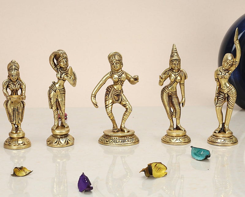 ARTVARKO Brass Dancing Lady Apsara Set of 5 Statues Brass Apsara Showpieces for Home Decor Gift 6.5 Inch - Image 1