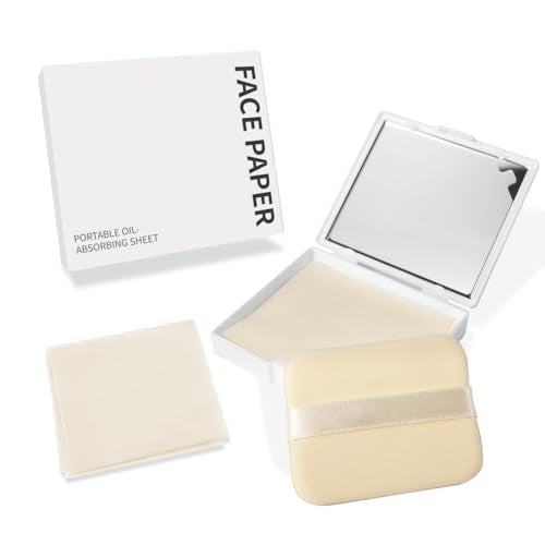 BOROLA 3-in-1 Oil Blotting Paper Set for Face 100 Sheets Oil Absorbing Sheets with Portable Mirror & Adhesive Makeup Puff, Blotting Papers for Oily Skin, Design for Men & Women(White) - Image 1