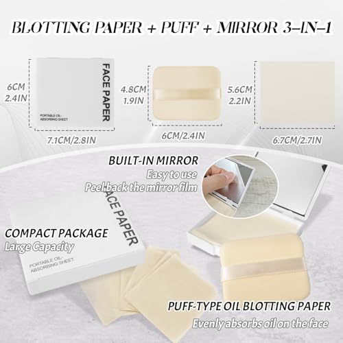 BOROLA 3-in-1 Oil Blotting Paper Set for Face 100 Sheets Oil Absorbing Sheets with Portable Mirror & Adhesive Makeup Puff, Blotting Papers for Oily Skin, Design for Men & Women(White) - Image 2