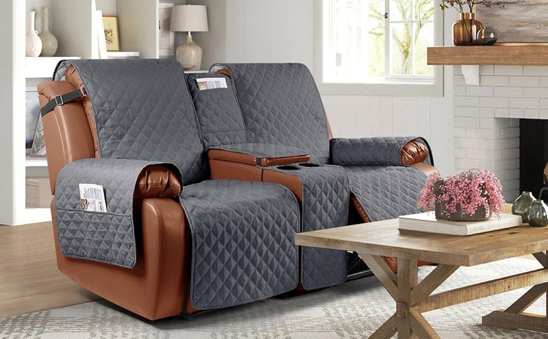 Ruaozz Waterproof Recliner Loveseat Cover with Console NonSlip Couch Covers for Reclining Couches Pet Cover for Double Recliner Sofa Cover with Elastic Straps for Kid Dogs Pets Gray 2 Seater