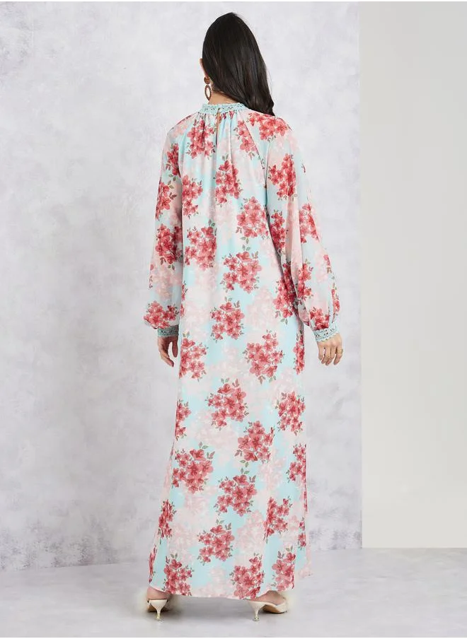 Styli Lace Detail Floral Print Shift Maxi Dress