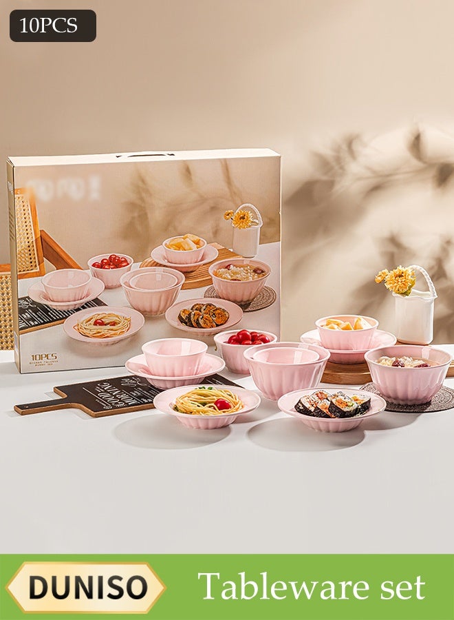 DUNISO 10-Piece Pink Ceramic Bowls And Plates Set, Microwave Safe, Sauce Dish, Dipping Sauce Bowl, Serving Bowl, Stackable, Suitable For Dessert, Appetizer, Ketchup, Salad, Sushi, Noodle, Soup,Crockery Tableware Set，Ceramic Tableware - Image 1