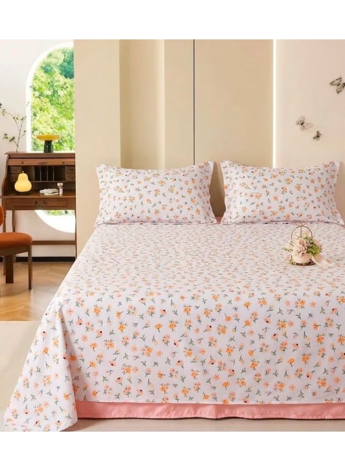 3-Piece 150 GSM Microfiber King Size Bed Sheet Set - Peach Ditsy Floral Print, Includes 1 Flat Sheet (270x250 CM) & 2 Pillowcases (50x75 CM) - Image 1