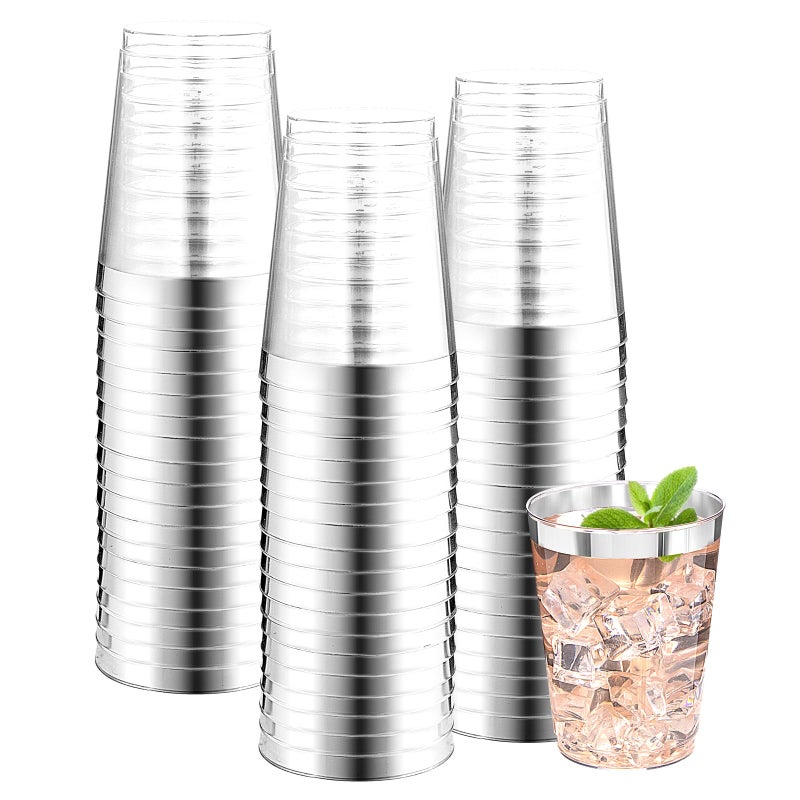 DaYammi 200 Pack Silver Plastic Cups 10 Oz Clear Plastic Cups Silver Rimmed Disposable Wine Glasses Heavy Duty Disposable Tumblers Drinking Cocktail Glasses for Party Wedding