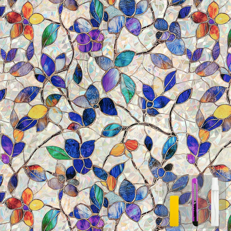 COUNTEWOL Window Privacy Film with Installation Tools Home Decorative Colored Glass Window Stickers Reusable electrostatic Rainbow Stickers (Stained Leaf, 17.5 x 78.7 in) - Image 1