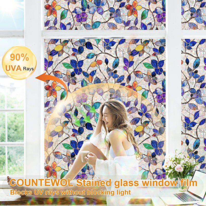 COUNTEWOL Window Privacy Film with Installation Tools Home Decorative Colored Glass Window Stickers Reusable electrostatic Rainbow Stickers (Stained Leaf, 17.5 x 78.7 in) - Image 3