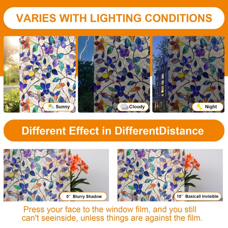 COUNTEWOL Window Privacy Film with Installation Tools Home Decorative Colored Glass Window Stickers Reusable electrostatic Rainbow Stickers (Stained Leaf, 17.5 x 78.7 in) - Image 4
