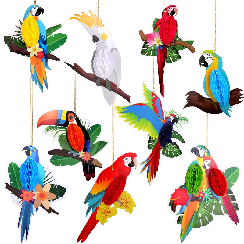 Spakon 9 Pieces Tropical Birds Honeycomb Paper Cutouts Rio Luau Party Hanging Decorations Rainforest Hanging Paper Birds Hawaiian Parrot Honeycomb Cutouts for Luau Party Decor - Image 1