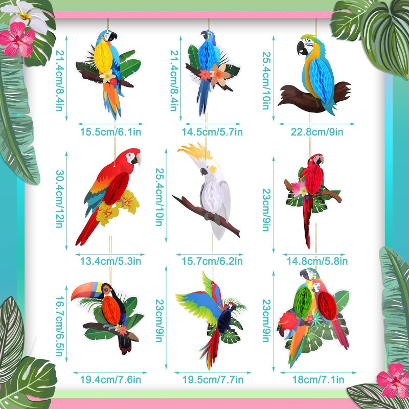 Spakon 9 Pieces Tropical Birds Honeycomb Paper Cutouts Rio Luau Party Hanging Decorations Rainforest Hanging Paper Birds Hawaiian Parrot Honeycomb Cutouts for Luau Party Decor - Image 3
