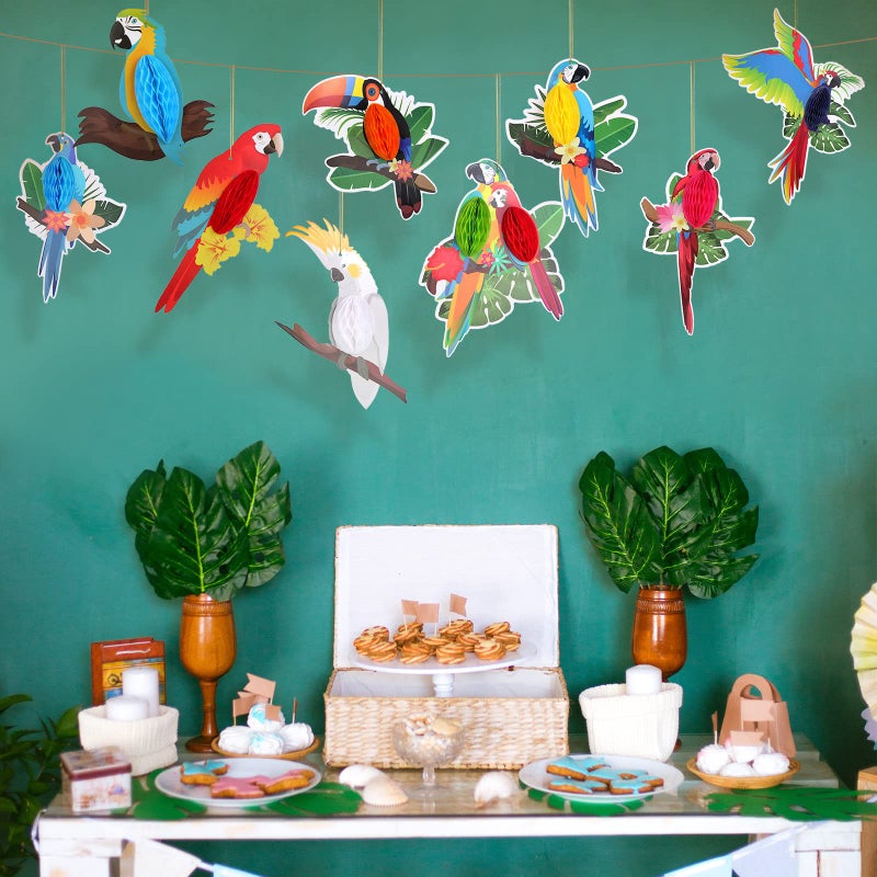 Spakon 9 Pieces Tropical Birds Honeycomb Paper Cutouts Rio Luau Party Hanging Decorations Rainforest Hanging Paper Birds Hawaiian Parrot Honeycomb Cutouts for Luau Party Decor - Image 5