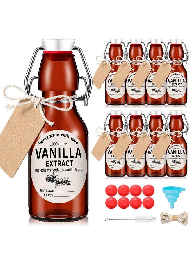 Vesici 12 Sets Swing Top Glass Bottles Set Amber Homemade Vanilla Extract Bottles with Stoppers Stickers Caps Jar Brush Funnel Rope Labels Vanilla Extract Jars for Holiday DIY Crafts (4 oz) - Image 1