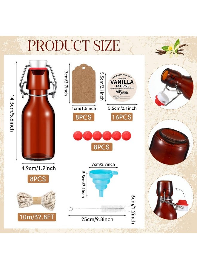 Vesici 12 Sets Swing Top Glass Bottles Set Amber Homemade Vanilla Extract Bottles with Stoppers Stickers Caps Jar Brush Funnel Rope Labels Vanilla Extract Jars for Holiday DIY Crafts (4 oz) - Image 2
