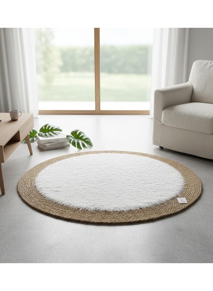 AKDC Round Rattan Rug 100cm – Premium Rattan with Soft White Fur Top, Elegant Floor Rug for Cozy Interiors - Image 1