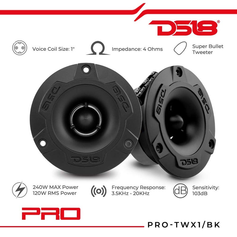 DS18 PRO-TWX1/BK 3.8" Aluminum Super Bullet Tweeter, 240W Max, 1" Aluminum 4-Ohms Voice Coil, Built in Crossover - PRO Tweeters are The Best in The Pro Audio and Voceteo Market (2 Speakers Included) - Image 2