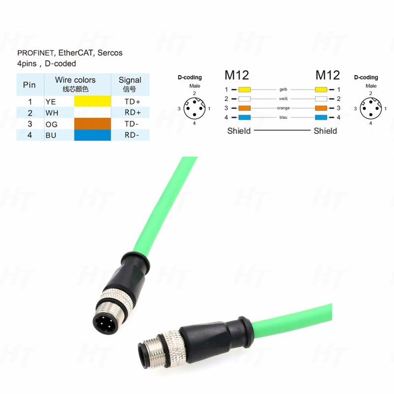 HangTon Ethernet M12 4 Pin D Code Male to M12 4 Pin D Code Male Cable for Baumer Omron Sick Encoder Sensor Camera Profinet Network Host Green PVC 2m - Image 3