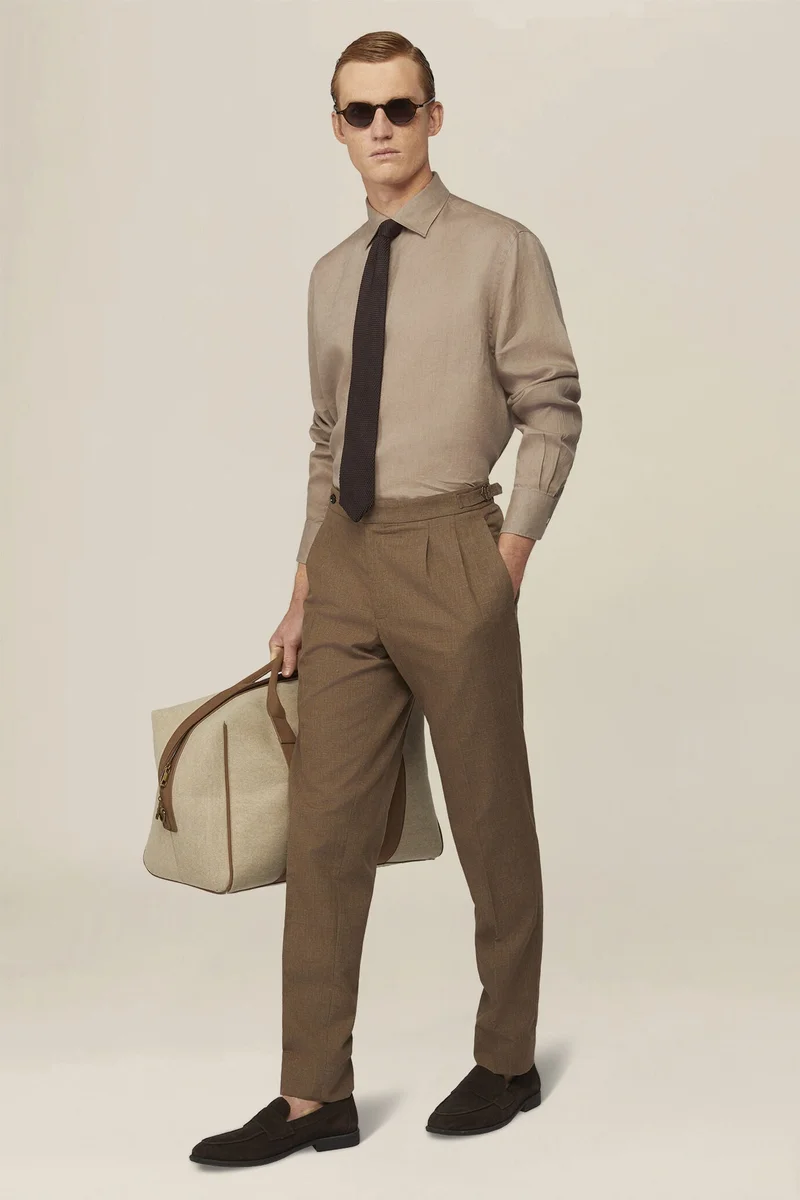 دوبل غانغر Men's 100% Linen Button-Down Shirt - Beige