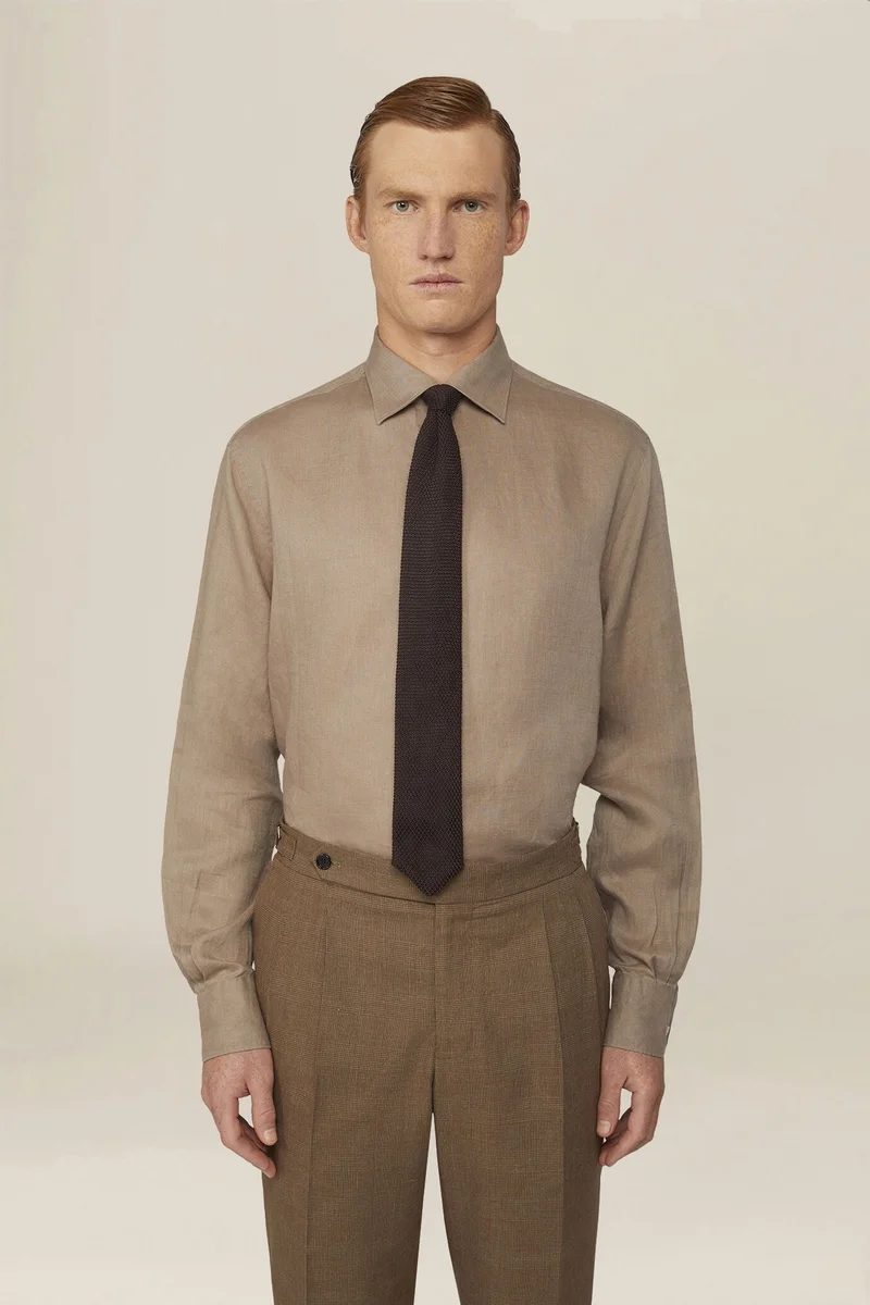 دوبل غانغر Men's 100% Linen Button-Down Shirt - Beige