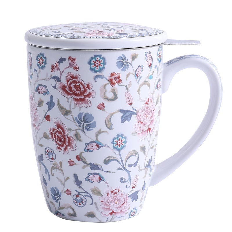 Bico Peony Garden 12oz Porcelain Tea Mug with Infuser and Lid Microwave  Dishwasher Safe