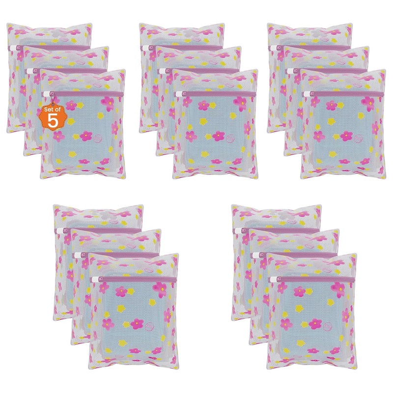 Kuber Industries Set of 15 Polyester Mesh Laundry Bag with Zip Reusable Washing Bags for Washing Machine Ideal for Lingerie Delicate Fabric Shoes Protection YZ83 Sunflower Design Pink - Image 1