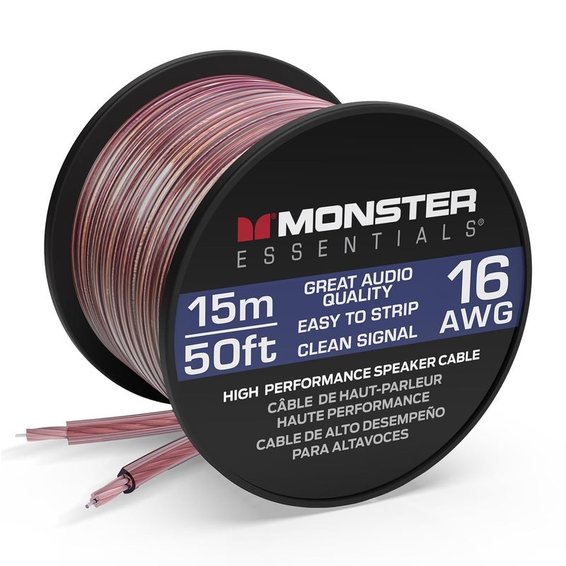 Monster Essentials High Performance Speaker Wire 16 Gauge Copper Clad Aluminum (CCA) Speaker Cable 50 FT Spool – Ideal Home Cinema Speaker Wire Cable and Car Audio Speaker Cables/Speaker Wires - Image 1
