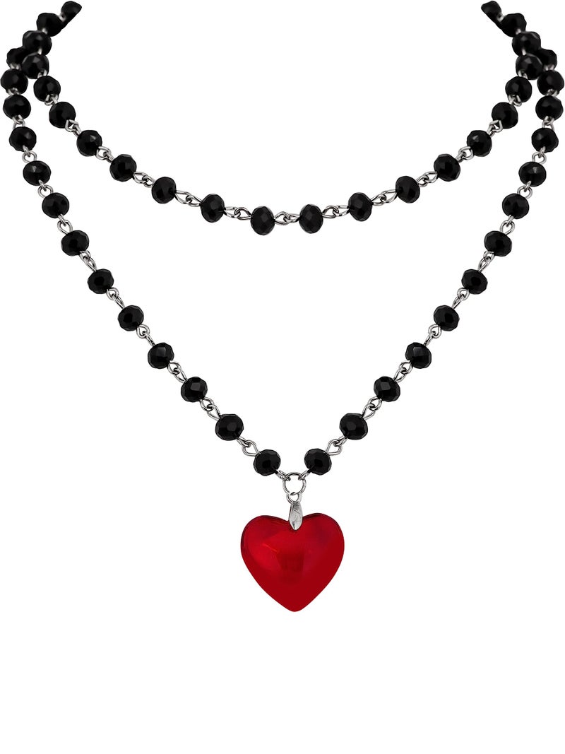 Sacina Gothic Y2k Red Heart Necklace, Layered Black Beaded Heart Choker, Gothic Emo Grunge Y2k Necklace, Valentine Gift, Halloween Christmas Jewelry Gift For Women - Image 1