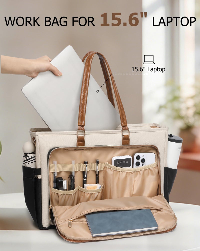 BAVERGE Lunch Tote Bag with 15.6" Laptop Compartment, Quilted Laptop Work Bag with Insulated Compartment 2 Cup Holders for Teacher Nurse Daily Travel - Image 5