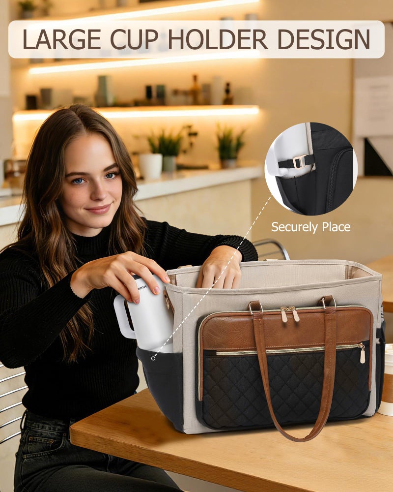 BAVERGE Lunch Tote Bag with 15.6" Laptop Compartment, Quilted Laptop Work Bag with Insulated Compartment 2 Cup Holders for Teacher Nurse Daily Travel - Image 3