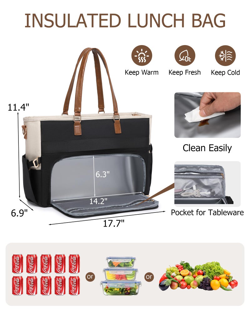 BAVERGE Lunch Tote Bag with 15.6" Laptop Compartment, Quilted Laptop Work Bag with Insulated Compartment 2 Cup Holders for Teacher Nurse Daily Travel - Image 2