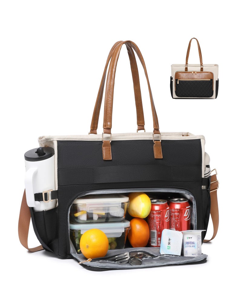 BAVERGE Lunch Tote Bag with 15.6" Laptop Compartment, Quilted Laptop Work Bag with Insulated Compartment 2 Cup Holders for Teacher Nurse Daily Travel - Image 1