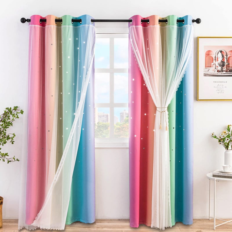Stiio Rainbow Curtains 2 Panels W52 x L84 inches HollowOut Stars Blackout Ombre Stripe Grommet Thermal Insulated Room Darkening Kids Colorful Curtains